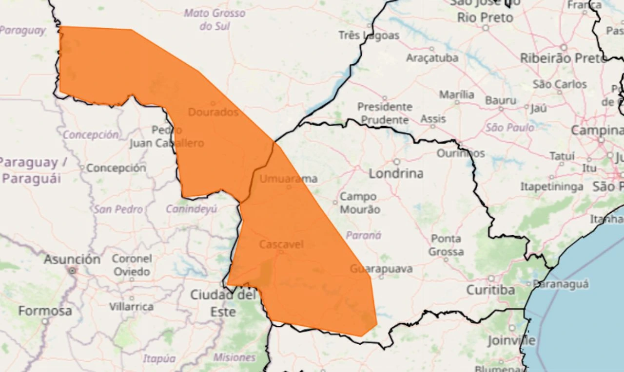 Trata-se de um alerta laranja para chuvas intensas em parte de MS e PR